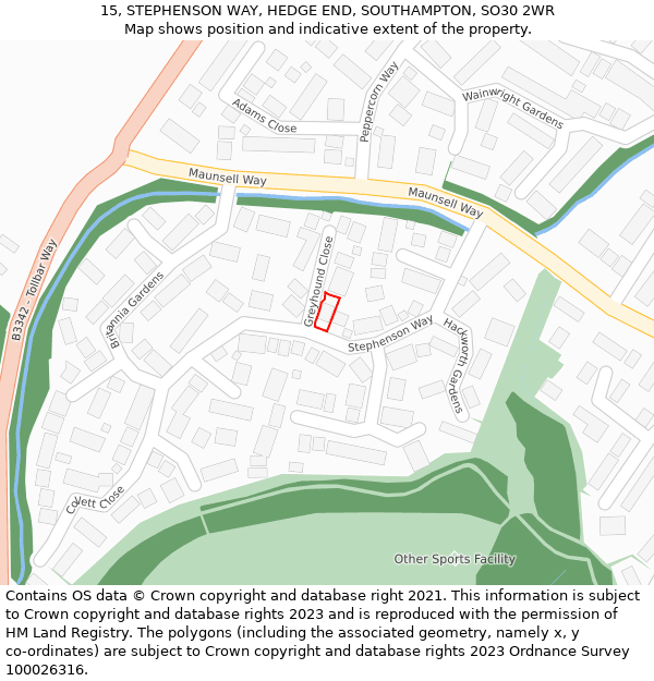 15, STEPHENSON WAY, HEDGE END, SOUTHAMPTON, SO30 2WR: Location map and indicative extent of plot