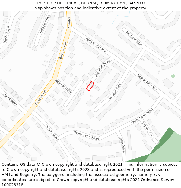 15, STOCKHILL DRIVE, REDNAL, BIRMINGHAM, B45 9XU: Location map and indicative extent of plot