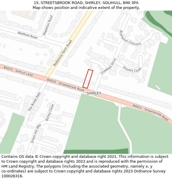 15, STREETSBROOK ROAD, SHIRLEY, SOLIHULL, B90 3PA: Location map and indicative extent of plot