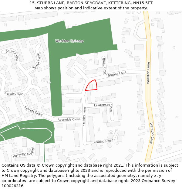 15, STUBBS LANE, BARTON SEAGRAVE, KETTERING, NN15 5ET: Location map and indicative extent of plot