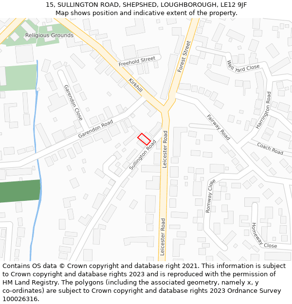 15, SULLINGTON ROAD, SHEPSHED, LOUGHBOROUGH, LE12 9JF: Location map and indicative extent of plot