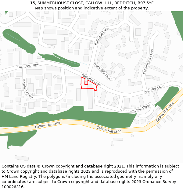 15, SUMMERHOUSE CLOSE, CALLOW HILL, REDDITCH, B97 5YF: Location map and indicative extent of plot