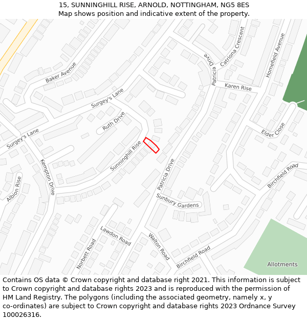 15, SUNNINGHILL RISE, ARNOLD, NOTTINGHAM, NG5 8ES: Location map and indicative extent of plot