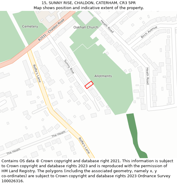 15, SUNNY RISE, CHALDON, CATERHAM, CR3 5PR: Location map and indicative extent of plot