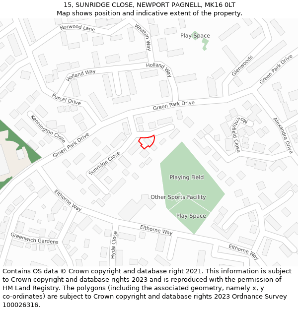 15, SUNRIDGE CLOSE, NEWPORT PAGNELL, MK16 0LT: Location map and indicative extent of plot