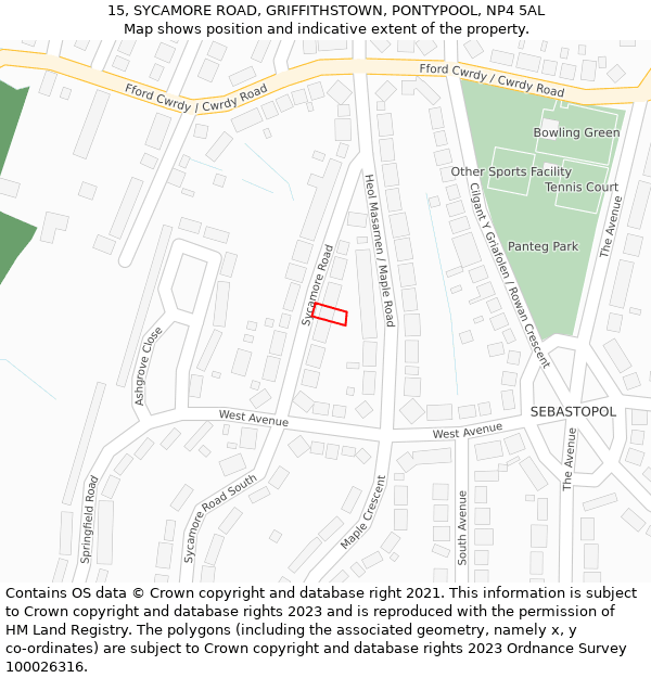 15, SYCAMORE ROAD, GRIFFITHSTOWN, PONTYPOOL, NP4 5AL: Location map and indicative extent of plot