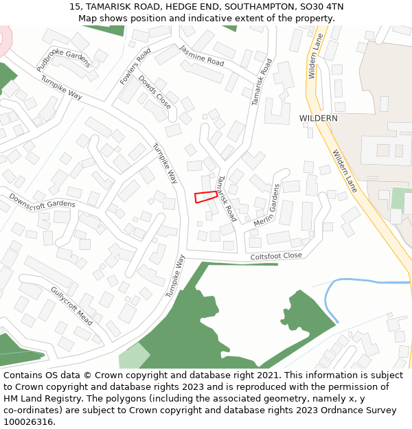 15, TAMARISK ROAD, HEDGE END, SOUTHAMPTON, SO30 4TN: Location map and indicative extent of plot