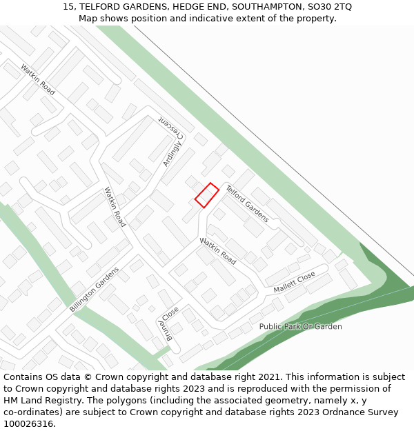 15, TELFORD GARDENS, HEDGE END, SOUTHAMPTON, SO30 2TQ: Location map and indicative extent of plot