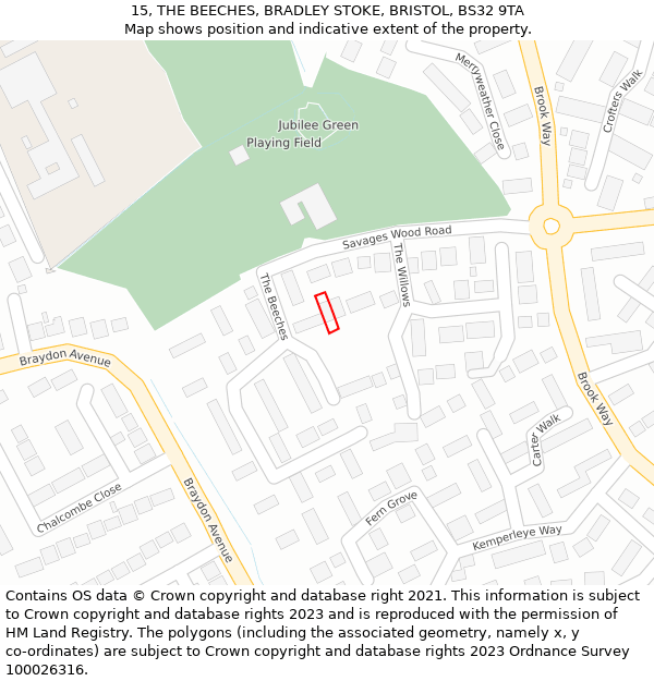 15, THE BEECHES, BRADLEY STOKE, BRISTOL, BS32 9TA: Location map and indicative extent of plot