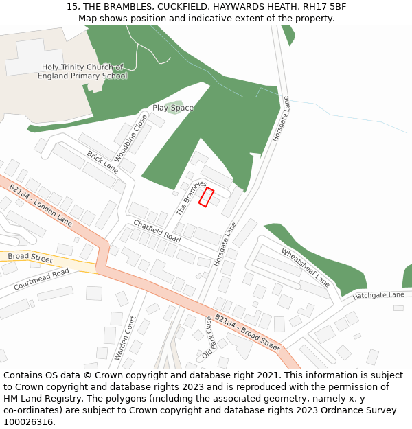 15, THE BRAMBLES, CUCKFIELD, HAYWARDS HEATH, RH17 5BF: Location map and indicative extent of plot