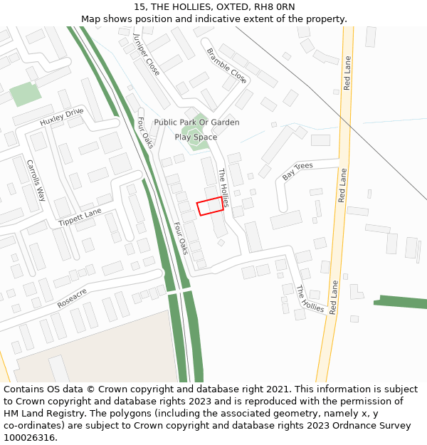 15, THE HOLLIES, OXTED, RH8 0RN: Location map and indicative extent of plot