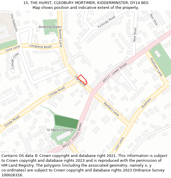 15, THE HURST, CLEOBURY MORTIMER, KIDDERMINSTER, DY14 8EG: Location map and indicative extent of plot