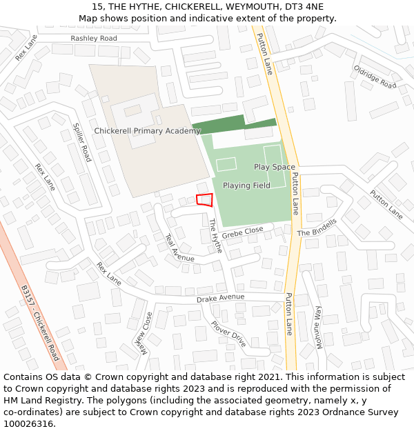 15, THE HYTHE, CHICKERELL, WEYMOUTH, DT3 4NE: Location map and indicative extent of plot