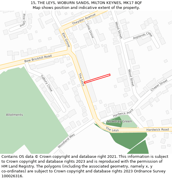 15, THE LEYS, WOBURN SANDS, MILTON KEYNES, MK17 8QF: Location map and indicative extent of plot