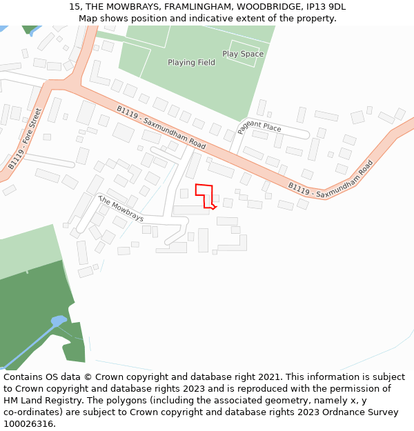 15, THE MOWBRAYS, FRAMLINGHAM, WOODBRIDGE, IP13 9DL: Location map and indicative extent of plot