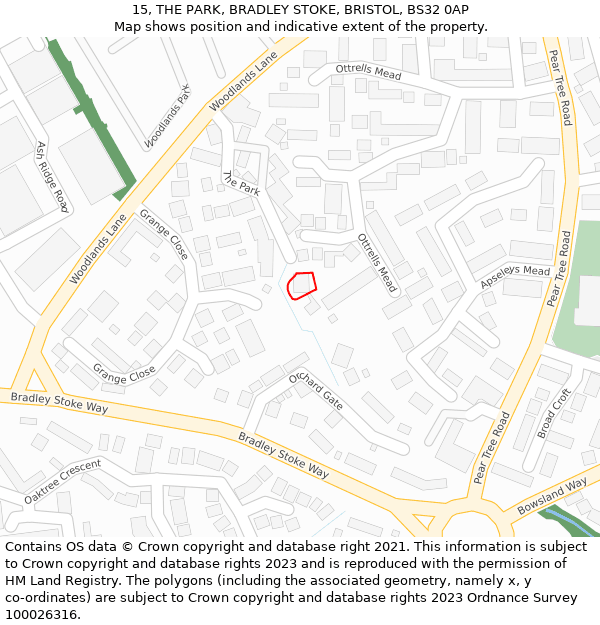 15, THE PARK, BRADLEY STOKE, BRISTOL, BS32 0AP: Location map and indicative extent of plot