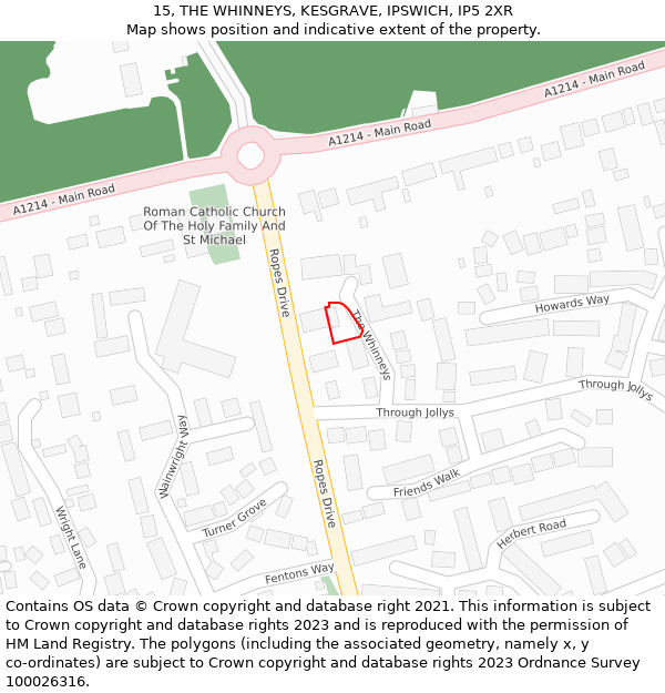 15, THE WHINNEYS, KESGRAVE, IPSWICH, IP5 2XR: Location map and indicative extent of plot