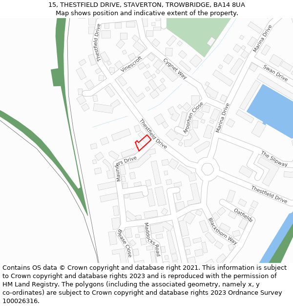 15, THESTFIELD DRIVE, STAVERTON, TROWBRIDGE, BA14 8UA: Location map and indicative extent of plot