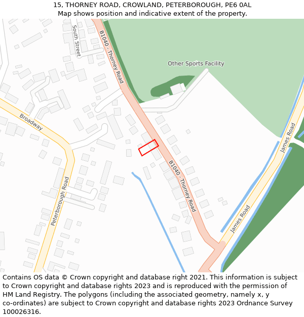 15, THORNEY ROAD, CROWLAND, PETERBOROUGH, PE6 0AL: Location map and indicative extent of plot