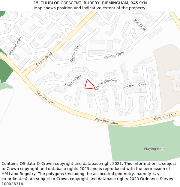 15, THURLOE CRESCENT, RUBERY, BIRMINGHAM, B45 9YN: Location map and indicative extent of plot