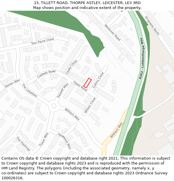 15, TILLETT ROAD, THORPE ASTLEY, LEICESTER, LE3 3RD: Location map and indicative extent of plot