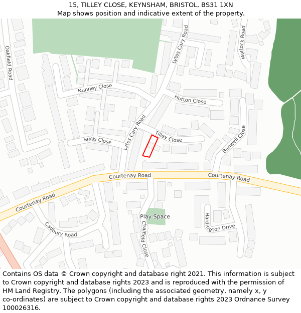 15, TILLEY CLOSE, KEYNSHAM, BRISTOL, BS31 1XN: Location map and indicative extent of plot