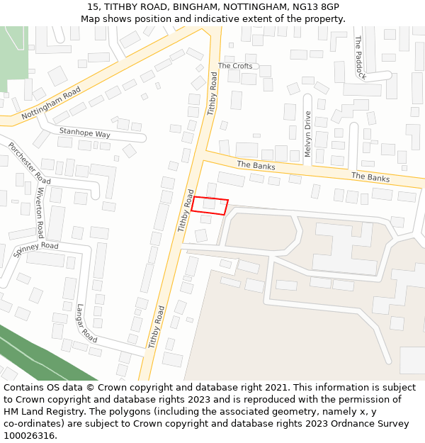 15, TITHBY ROAD, BINGHAM, NOTTINGHAM, NG13 8GP: Location map and indicative extent of plot