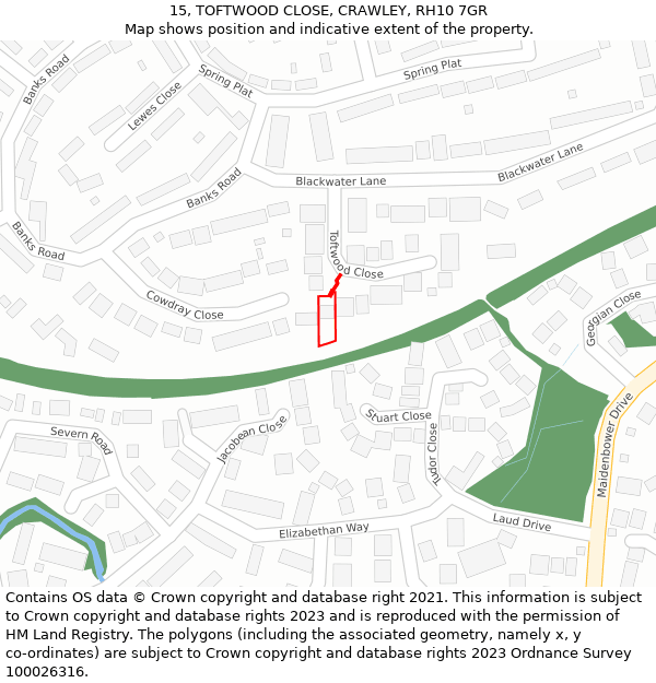 15, TOFTWOOD CLOSE, CRAWLEY, RH10 7GR: Location map and indicative extent of plot