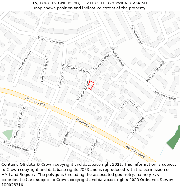 15, TOUCHSTONE ROAD, HEATHCOTE, WARWICK, CV34 6EE: Location map and indicative extent of plot