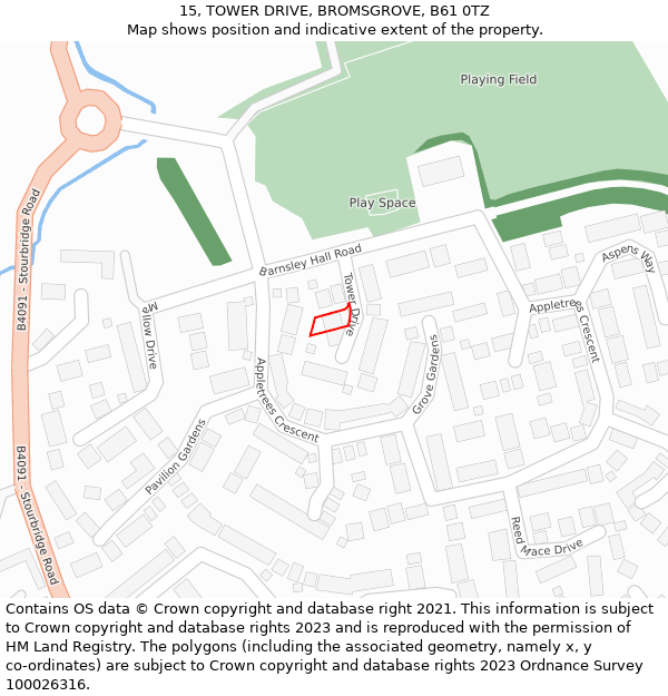 15, TOWER DRIVE, BROMSGROVE, B61 0TZ: Location map and indicative extent of plot