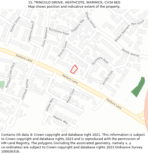 15, TRINCULO GROVE, HEATHCOTE, WARWICK, CV34 6EG: Location map and indicative extent of plot