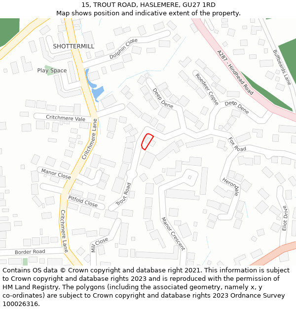 15, TROUT ROAD, HASLEMERE, GU27 1RD: Location map and indicative extent of plot