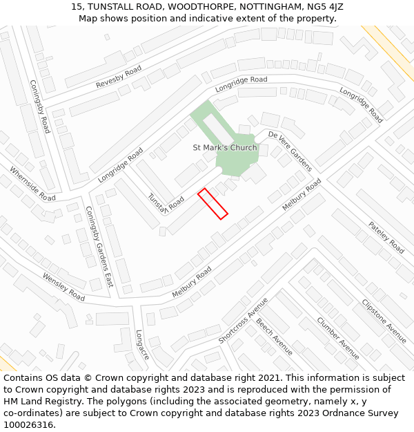 15, TUNSTALL ROAD, WOODTHORPE, NOTTINGHAM, NG5 4JZ: Location map and indicative extent of plot