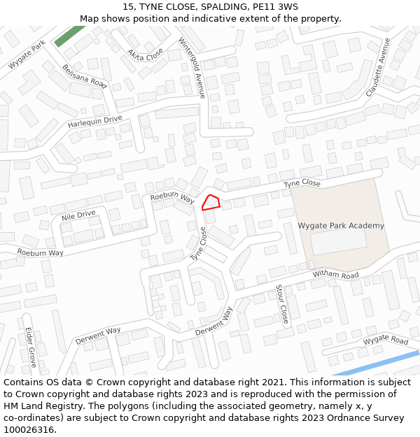 15, TYNE CLOSE, SPALDING, PE11 3WS: Location map and indicative extent of plot