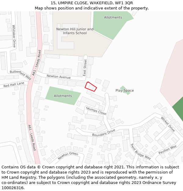 15, UMPIRE CLOSE, WAKEFIELD, WF1 3QR: Location map and indicative extent of plot