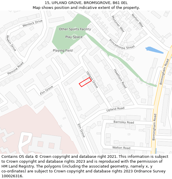 15, UPLAND GROVE, BROMSGROVE, B61 0EL: Location map and indicative extent of plot