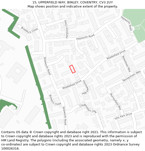 15, UPPERFIELD WAY, BINLEY, COVENTRY, CV3 2UY: Location map and indicative extent of plot