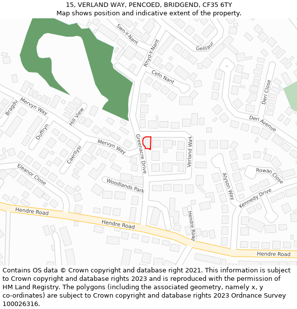 15, VERLAND WAY, PENCOED, BRIDGEND, CF35 6TY: Location map and indicative extent of plot