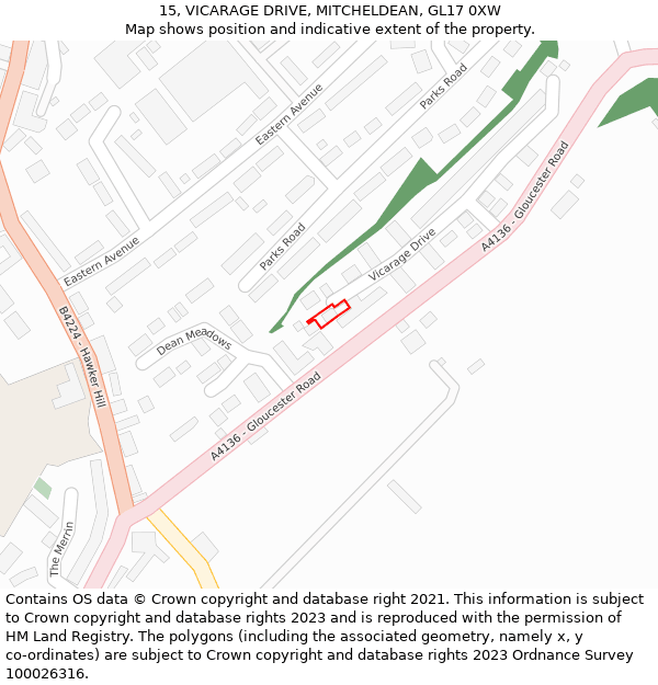 15, VICARAGE DRIVE, MITCHELDEAN, GL17 0XW: Location map and indicative extent of plot