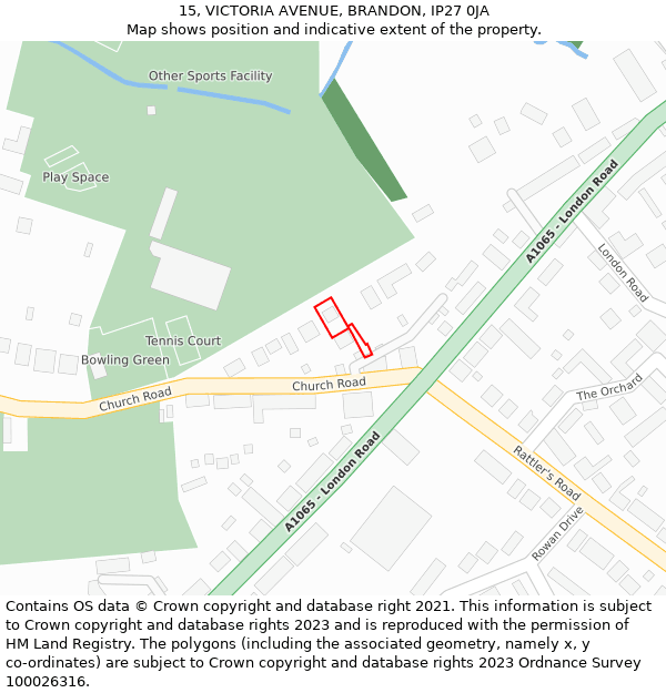 15, VICTORIA AVENUE, BRANDON, IP27 0JA: Location map and indicative extent of plot