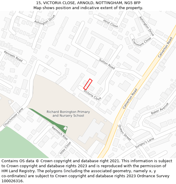 15, VICTORIA CLOSE, ARNOLD, NOTTINGHAM, NG5 8FP: Location map and indicative extent of plot