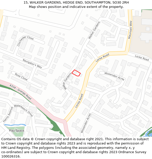 15, WALKER GARDENS, HEDGE END, SOUTHAMPTON, SO30 2RH: Location map and indicative extent of plot