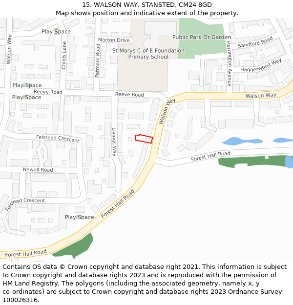 15, WALSON WAY, STANSTED, CM24 8GD: Location map and indicative extent of plot