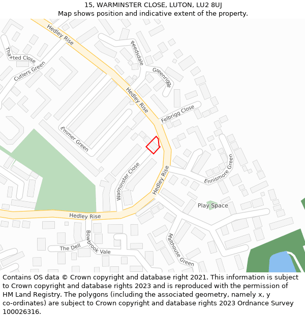 15, WARMINSTER CLOSE, LUTON, LU2 8UJ: Location map and indicative extent of plot