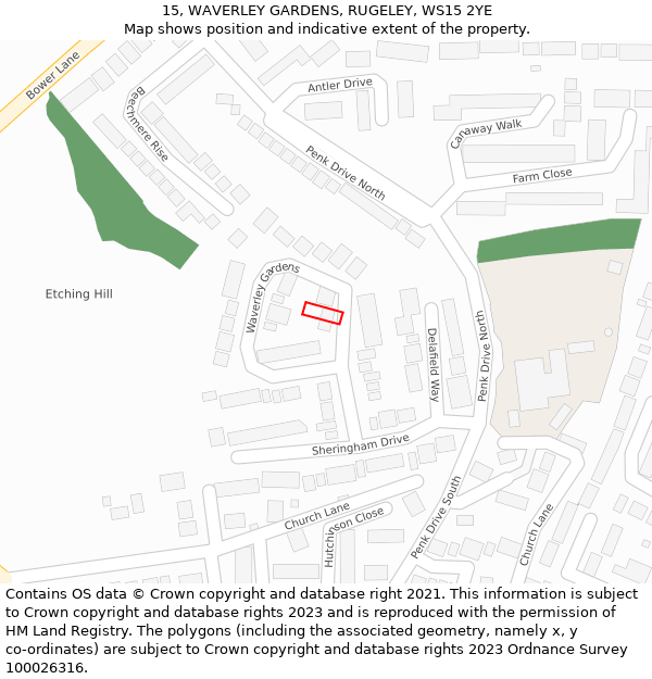 15, WAVERLEY GARDENS, RUGELEY, WS15 2YE: Location map and indicative extent of plot