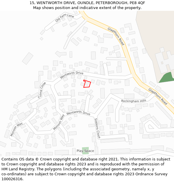 15, WENTWORTH DRIVE, OUNDLE, PETERBOROUGH, PE8 4QF: Location map and indicative extent of plot