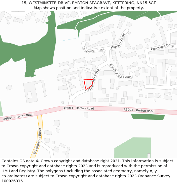 15, WESTMINSTER DRIVE, BARTON SEAGRAVE, KETTERING, NN15 6GE: Location map and indicative extent of plot