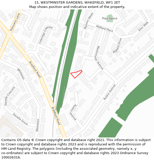 15, WESTMINSTER GARDENS, WAKEFIELD, WF1 2ET: Location map and indicative extent of plot