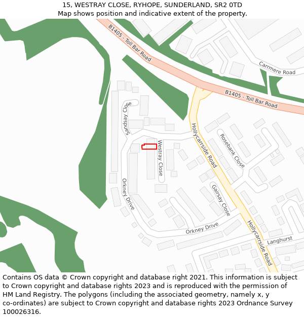 15, WESTRAY CLOSE, RYHOPE, SUNDERLAND, SR2 0TD: Location map and indicative extent of plot