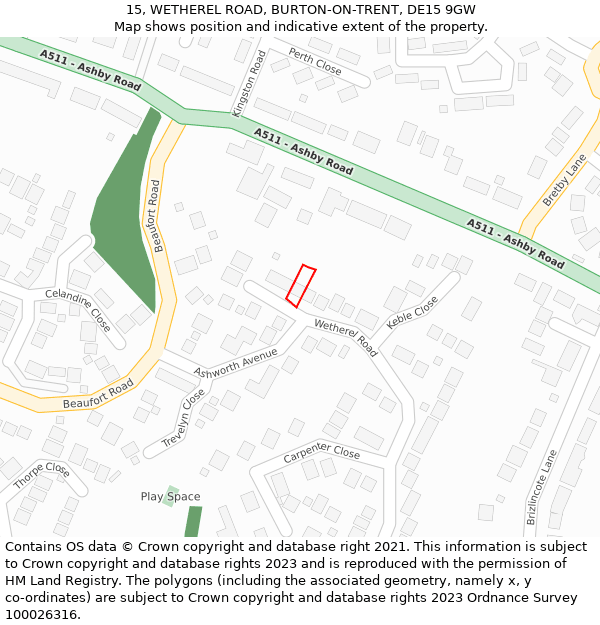 15, WETHEREL ROAD, BURTON-ON-TRENT, DE15 9GW: Location map and indicative extent of plot